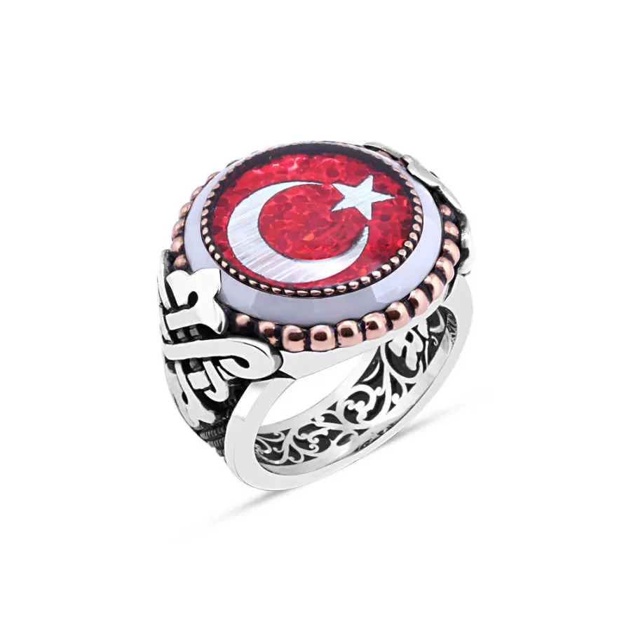 White Onyx Stone Around Enameled Turkish Flag Circle Silver Men's Ring Siding Triangular Braid