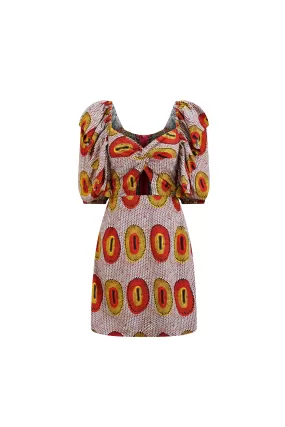 Zalika Mini Dress with Sweetheart Neckline and Twist Detail - Yellow and Orange Rhythmic Spirits Print | ILC OA OG